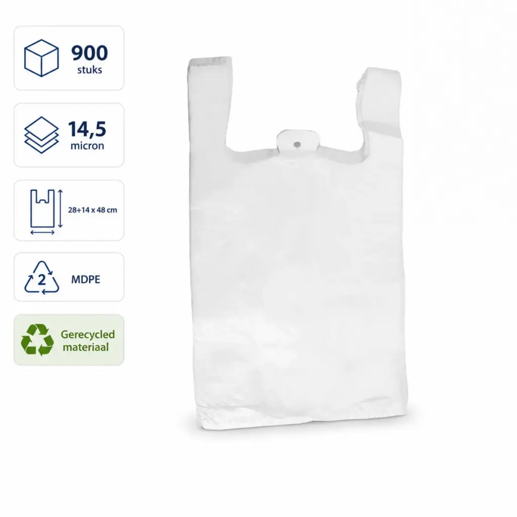 MDPE Hemddraagtassen Wit 28+14 x 48 cm – 14,5 Micron – Sterke Plastic Draagtassen met Zijvouw – Geschikt voor Voedsel en Afhaal – 900 Stuks
