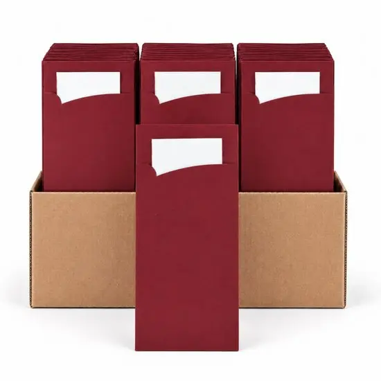 Bestekzakje pochette bordeaux met wit servet  600 Stuks