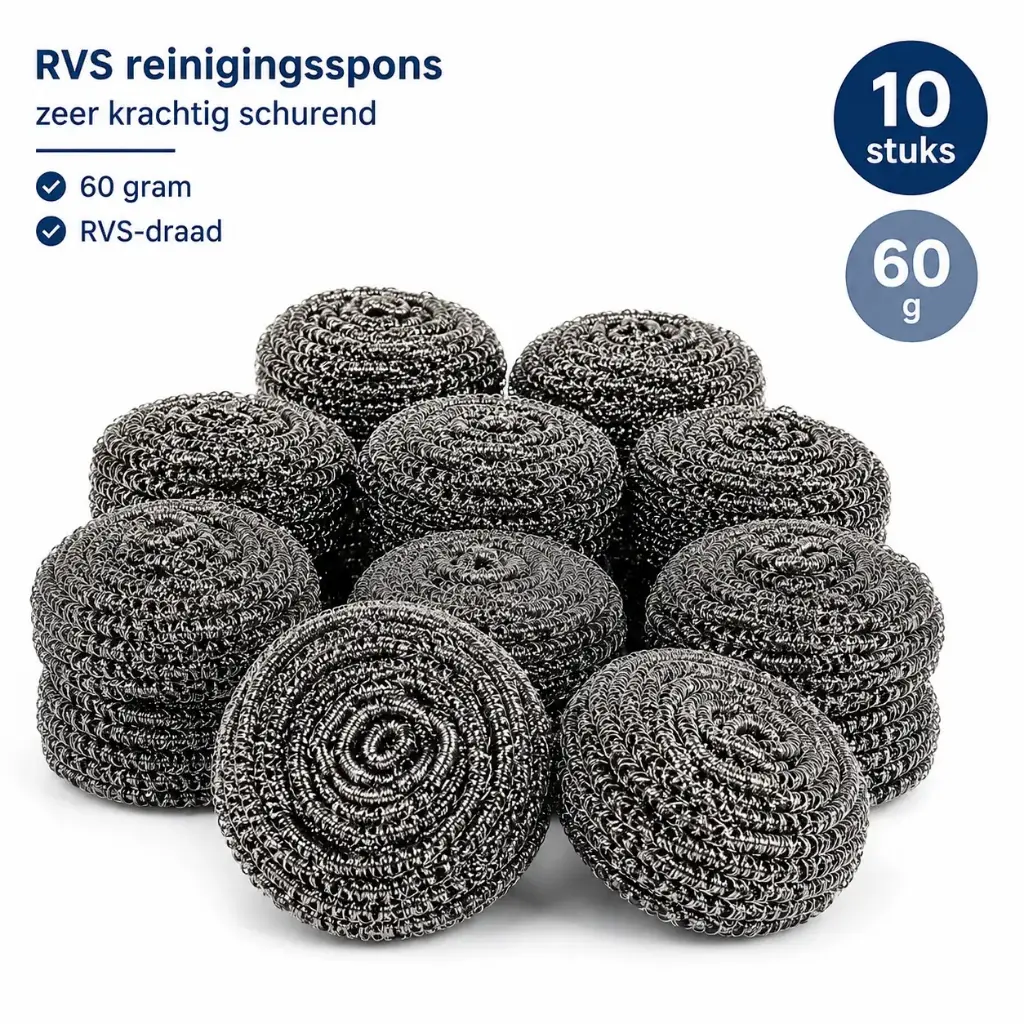 RVS Reinigingssponzen – 10 Stuks – 60 Gram per Spons – Krachtige Schuursponzen van RVS-Draad voor Pannen, Ovenroosters en BBQ