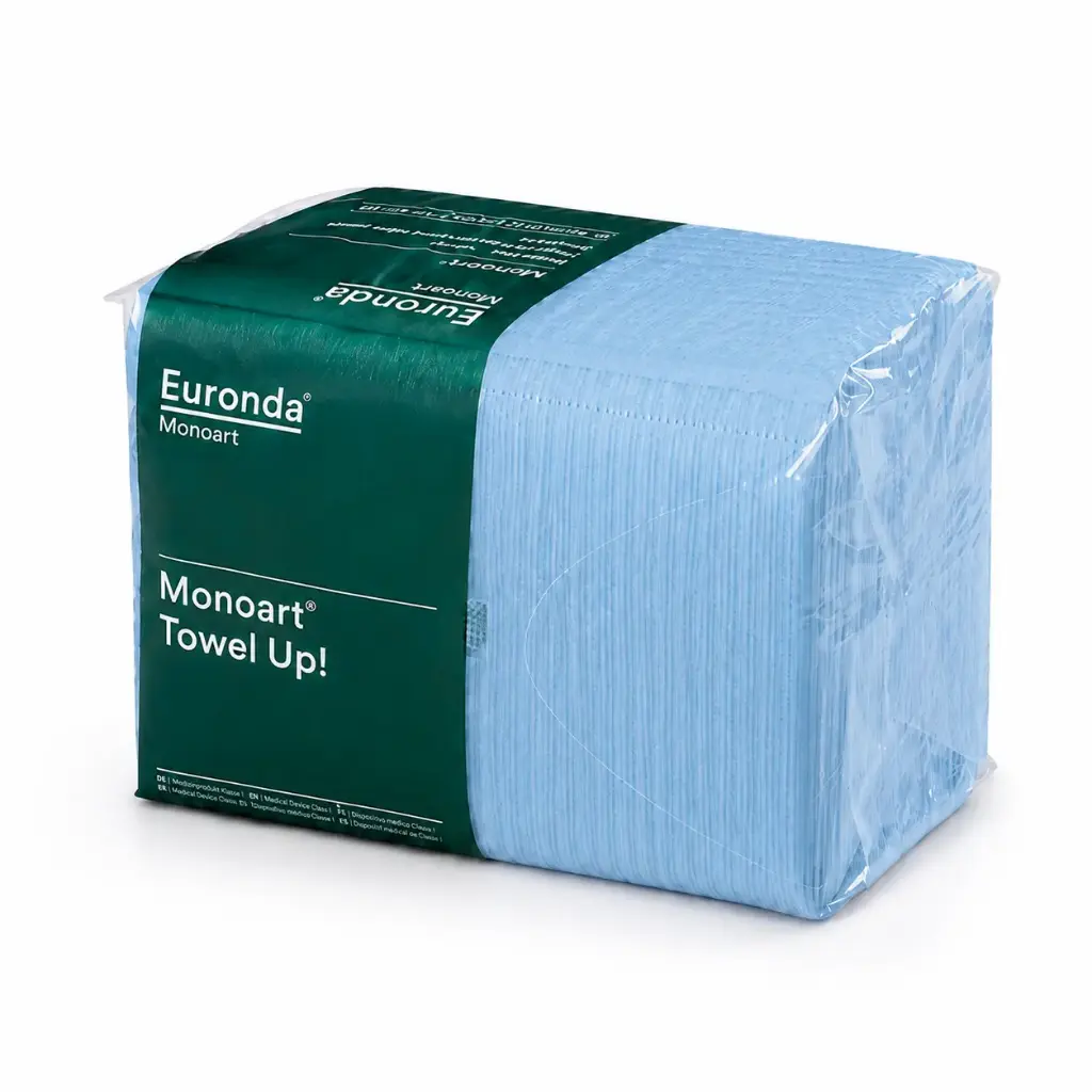 Euronda Monoart Towel Up! Wegwerpservetten Licht Blauw –  Pakken 50 Stuks  – 33 x 45 cm – Absorberende Cellulose Servetten met PE-Film – Voor Tandartspraktijk, Schoonheidssalon & Medische Praktijk