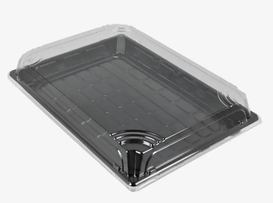 Sushi Trays met Transparante Deksel – 200 Sets – 256 x 185 x 20 mm – Zwarte PET Schalen voor Sushi, Sashimi en Takeaway