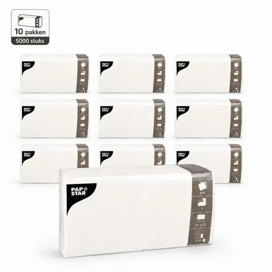 PAPSTAR Servetten Wit – 1-laags – 1/8-vouw – 33 x 33 cm – Prägeservetten – FSC® gecertificeerd – 10 pakken x 500 stuks – 5000 servetten