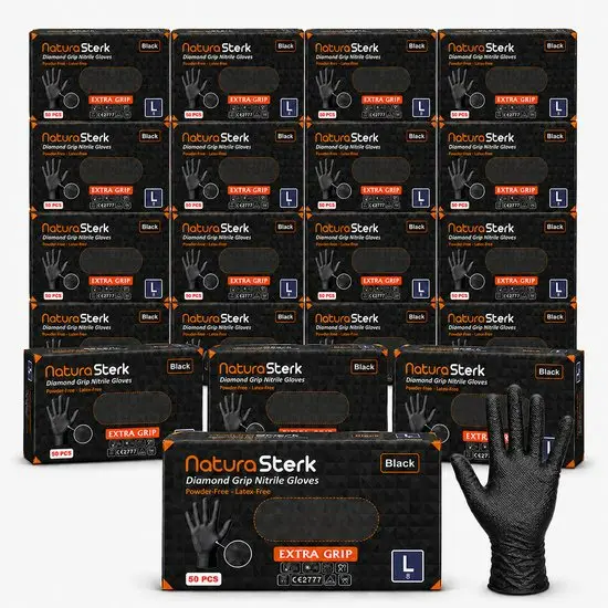 NaturaSterk Handschoenen Diamond Grip Nitril Handschoenen Zwart Large/8 – 8 Gram – Extra Grip – Poedervrij & Latexvrij – 20 Dozen – 1000 Stuks