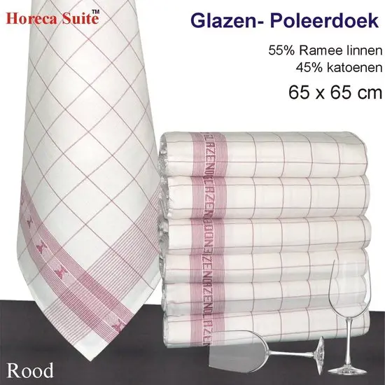 Glazendoek Rood Ruite50% Ramee Linnen 50% katoen 65x65 cm Ja 6 Stuks Per Zak