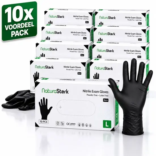 NaturaSterk Wegwerp Handschoenen - Nitril Handschoenen Maat L - 3.5 g - 10 Pakket x 100 Stuks - Poedervrij - Latex vrij - Niet Steriel - Zwart