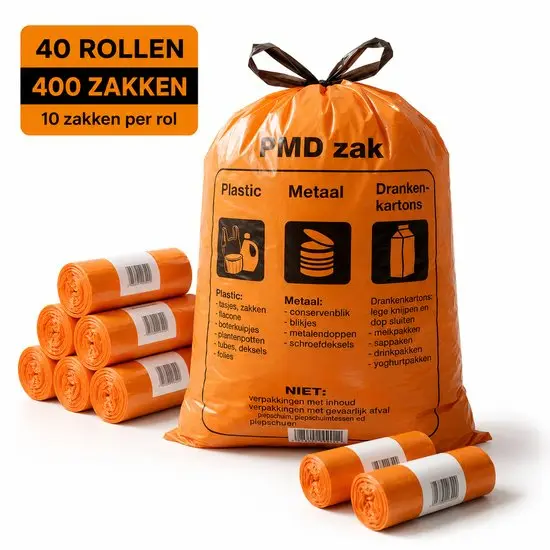 PMD Vuilniszakken met Opdruk – 60 Liter – Oranje LDPE – 28 Micron – 61 x 80 cm + 5 cm – Trekband – 40 Rollen x 10 Zakken 