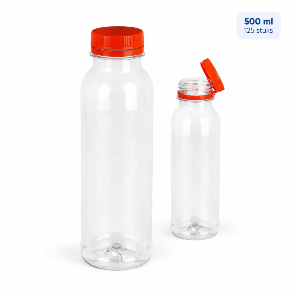 rPET Flesjes 500 ml met Vaste Oranje Dop – 125 Stuks – Transparante Sapflessen voor Smoothies, Sappen en Koude Dranken