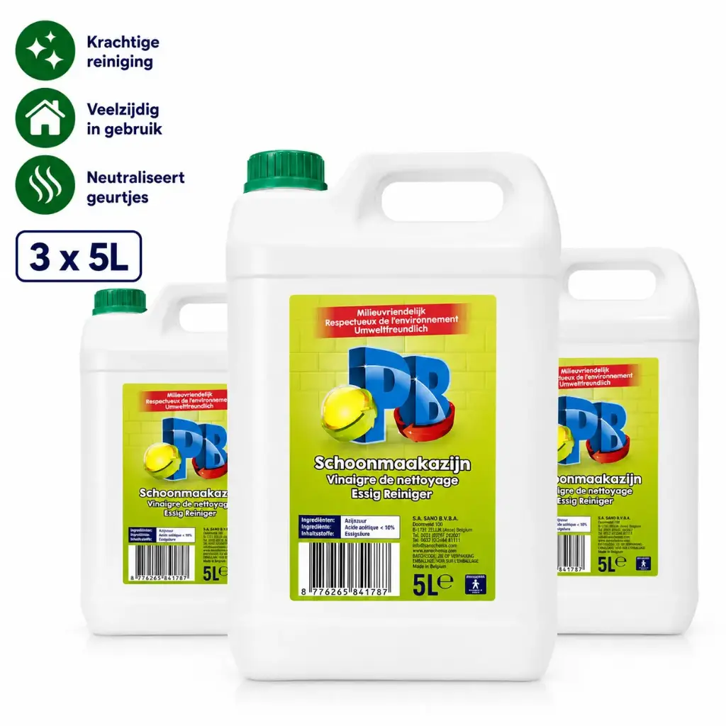PB Schoonmaakazijn 3 x 5 Liter – 15 Liter Totaal – 8% Zuur – Voor Ontkalken, Reinigen en Geurtjes Neutraliseren – Veelzijdige Schoonmaakoplossing