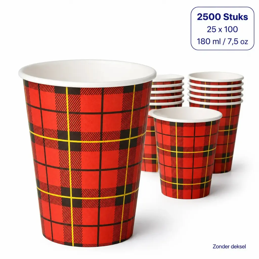 Papieren Koffiebekers Rood Schotse Ruit – 180 ml / 7,5 oz – 2500 Stuks – 25 x 100 – Voor Koffie, Thee en Warme Dranken