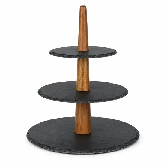 3-Laagse Serveerstandaard – Etagère met Slate-Look Plateaus en Houten Handgreep – 31 cm Hoog – Ø15/20/25 cm