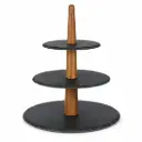 3-Laagse Serveerstandaard – Etagère met Slate-Look Plateaus en Houten Handgreep – 31 cm Hoog – Ø15/20/25 cm