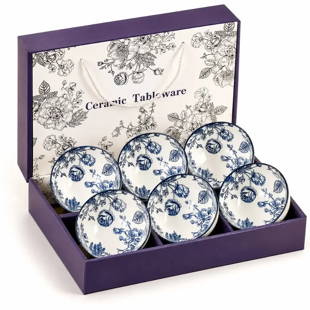 6-delige Keramische Kommenset Blauw-Wit – 11,4 cm Kommen – Bohemian Bloemdesign – Rijstkommen, Soepkommen, Dessertkommen – Met Decoratieve Geschenkverpakking 
