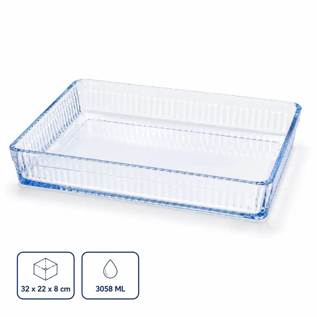 Glazen Ovenschaal Rechthoekig 32 x 22 x 8 cm – Borosilicaatglas Bakvorm 3058 ml – Optisch Ribbel Design – Hittebestendige Ovenschaal voor Lasagne, Ovenschotels, Desserts en Serveren 