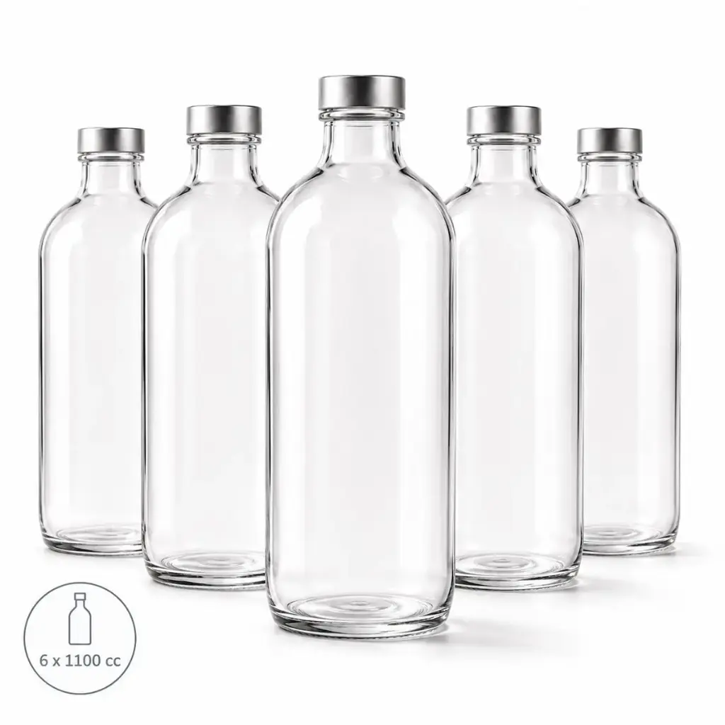 Pasabahce Iconic Glazen Flessen Set 6 stuks – 1000 cc per fles – Transparante Waterfles met Metalen Dop – Glazen Karaf voor Water, Sap en Limonade – 1 Liter – Serveersefles voor Keuken en Tafel 