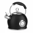 Retro Theepot Roestvrijstalen Fluitketel met Thermometer – 3L – RVS Waterketel voor Inductie, Gas, Elektrisch & Keramisch – Fluitende Schenktuit – Zwart 