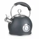 Retro Theepot Roestvrijstalen Fluitketel met Thermometer – 3L – RVS Waterketel voor Inductie, Gas, Elektrisch & Keramisch – Fluitende Schenktuit – Antraciet 