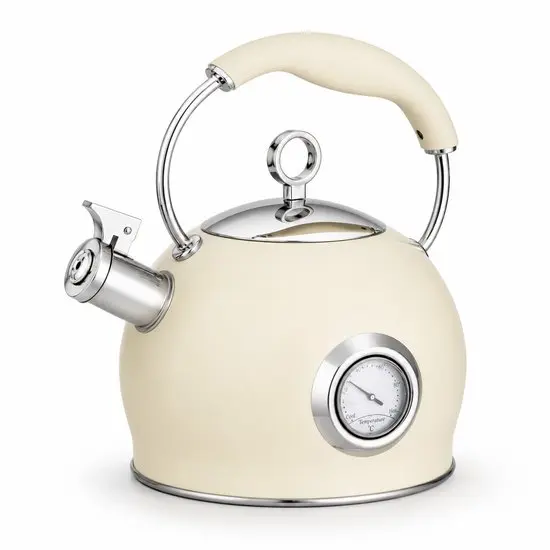 Retro Theepot Roestvrijstalen Fluitketel met Thermometer – 3L – RVS Waterketel voor Inductie, Gas, Elektrisch & Keramisch – Fluitende Schenktuit – Beige 