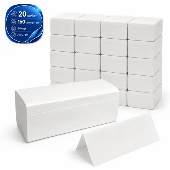NaturaSterk V-Fold HanddoekPapieren Handdoeken 2-Laags – 24 x 21 cm – 100% Cellulose – Wit – 20 Pakken x 160 Vellen – 3.200 Vellen