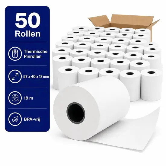 Thermische Pinrollen 57 x 40 x 12 mm – 18 Meter – 48 grams – BPA-vrij – Kassarollen / Bonrollen – 50 Stuks