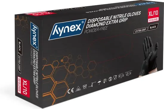 Hynex Diamond Nitrile Disposable Gloves Size Large - Black 8.0 gr PF with Extra Grip 50 pcs x10 Pack