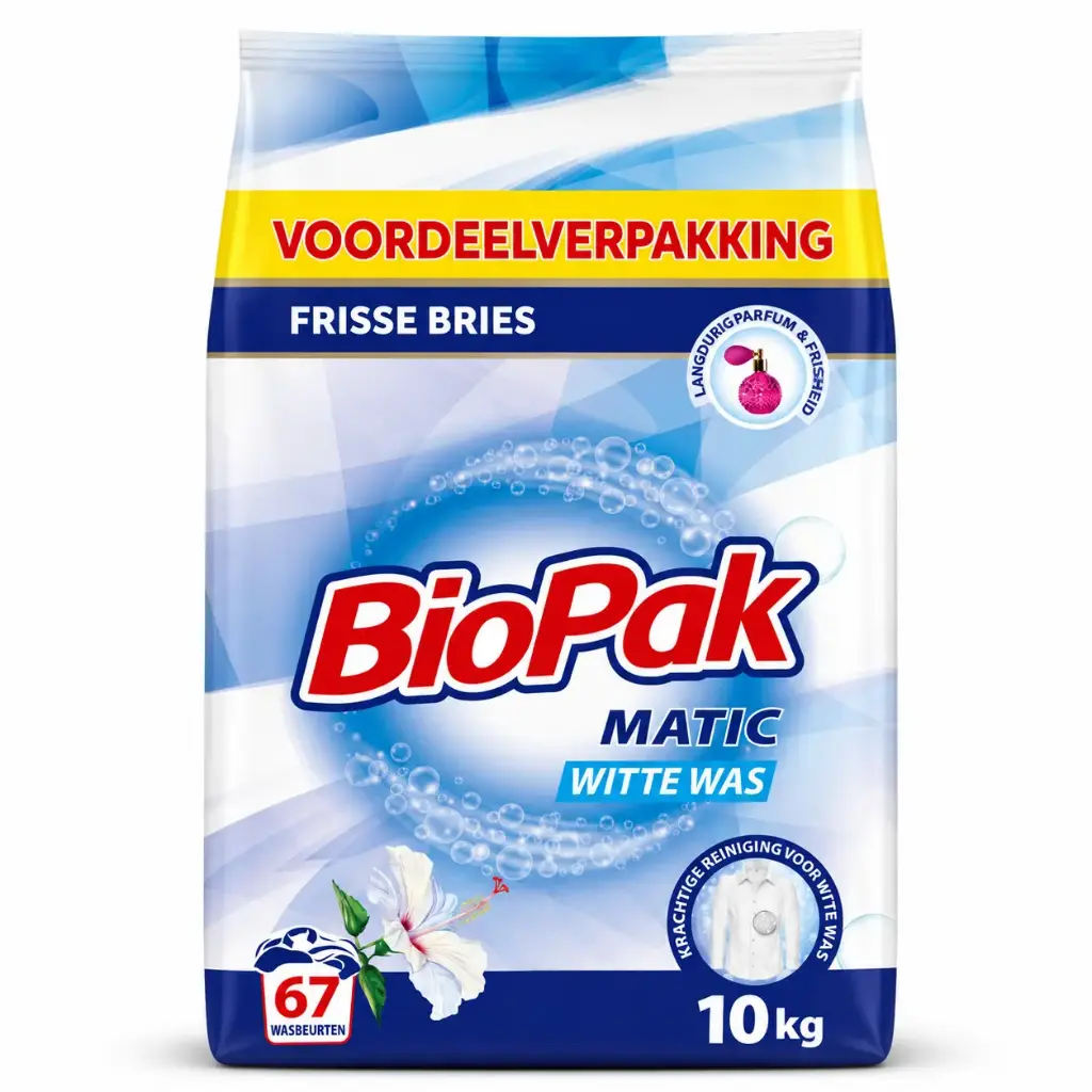 BioPak Matik Waspoeder Witte Was – 10 kg Voordeelverpakking – 67 Wasbeurten – Frisse Bries – Wasmiddel voor Witte Kleding