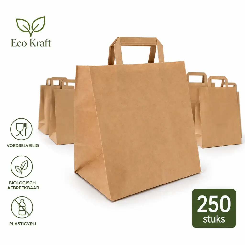 Papiertassen Middel Bruin 26+17x27 cm – 250 Stuks – Kraft Papieren Draagtassen – Biologisch Afbreekbaar – Plasticvrij – Voedselveilig – Voor Take Away en Thuisbezorging
