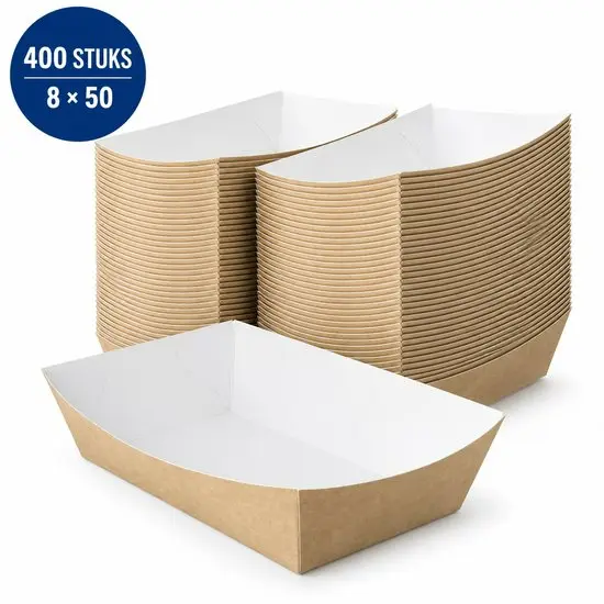 Frietbakjes A14 Kraft/Wit BIO – 400 Stuks – 15 x 8,5 x 4,3 cm – Kartonnen Snackbakjes voor Friet, Kibbeling & Snacks