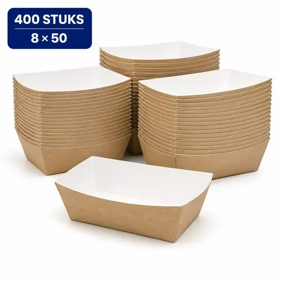 Frietbakjes A9 Kraft/Wit BIO – 400 Stuks – Kartonnen Snackbakjes 11,4 x 6,7 x 3,9 cm – Voor Friet, Kibbeling en Takeaway