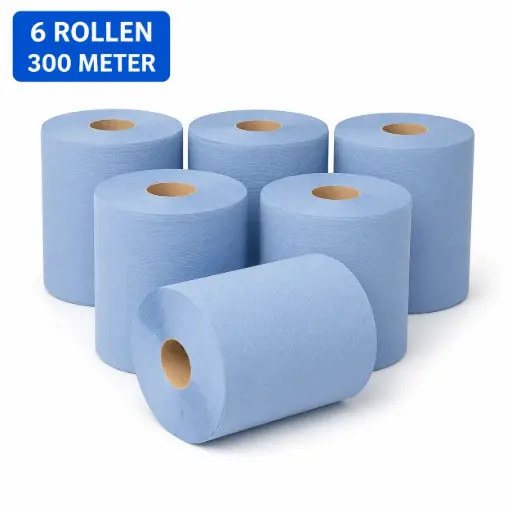 Blauw Poetspapier Midi 1-Laags – 6 Rollen x 300 Meter – Cellulose Reinigingspapier – 19 cm Breed – Ø 19 cm – Voor QuartzLine en PearlLine Dispensers