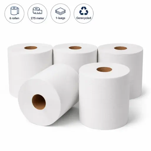 Midi Poetspapier Gerecycled – 6 Rollen x 275 Meter – 1-Laags – Embossed – Geschikt voor Midi Poetsroldispensers