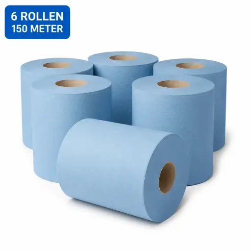 Blauw Midi Poetspapier Gerecycled 2-Laags – 6 Rollen x 150 Meter – 20 cm Breed – Kern 70 mm – Voor HACCP en Midi Dispensers