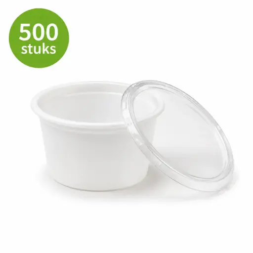 [NM120110] Microboxx Sauscup met Deksel 30 ml – Witte PP Portiebakjes – 500 Stuks – Voor Saus, Dressing en Dips