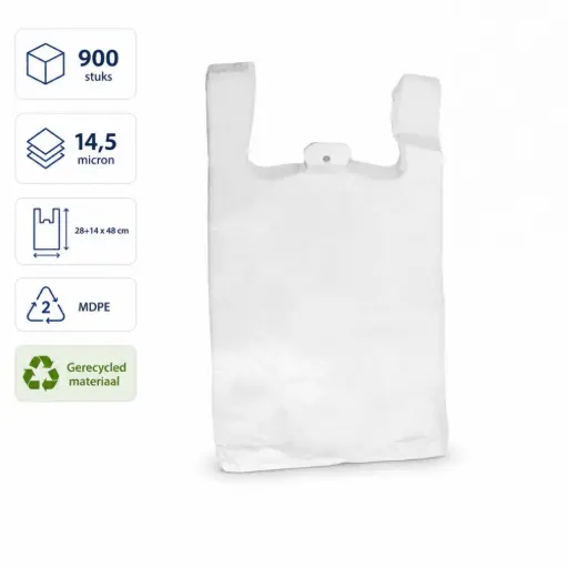 [s] MDPE Hemddraagtassen Wit 28+14 x 48 cm – 14,5 Micron – Sterke Plastic Draagtassen met Zijvouw – Geschikt voor Voedsel en Afhaal – 900 Stuks