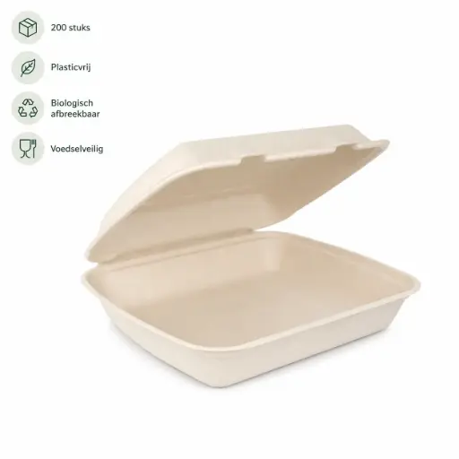 Suikerriet Menubox 1-Vaks – 200 Stuks – 240 x 205 x 65 mm – Plasticvrij & Biologisch Afbreekbaar – Naturel