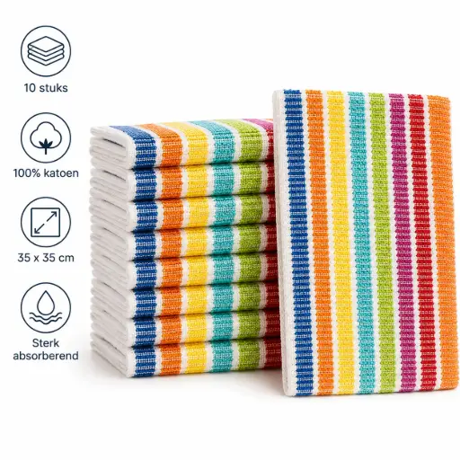 [NM120183] Vaatdoekjes Regenboog Gestreept – Set van 10 Stuks – 35 x 35 cm – 100% Katoenen Badstof – Sterk Absorberend – 350 g/m²