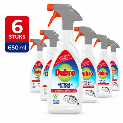 Dubro Antikalk Hygiëne Spray 650 ml – 6 Stuks – Kalkreiniger voor Douche, Tegels, Wastafel en Douchekop – Met Kalkpreventiebarrière