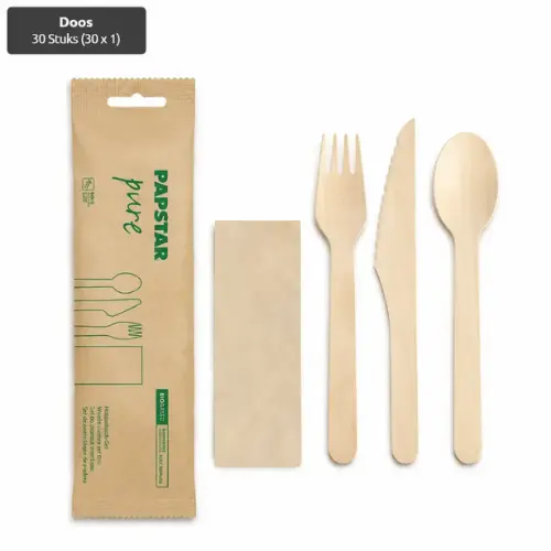 [PP120032] Bestekset, Hout "pure" : Mes, Vork, Lepel, Servet in papieren sleeve 30 Stuks