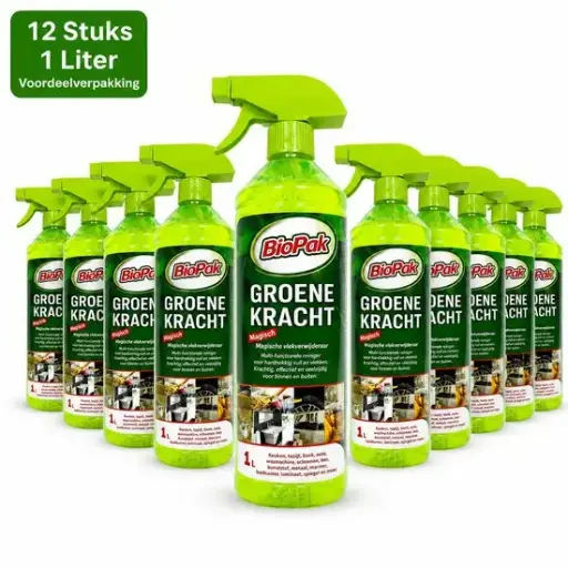 [BP150053] BioPak Groene Kracht Vlekkenverwijderaar – 12 x 1 Liter – Multifunctionele Reinigingsspray voor Tapijt, Keuken, Badkamer, Auto en Meubels 