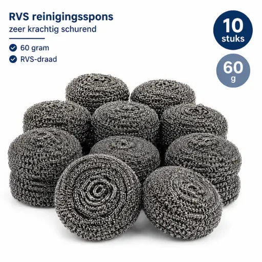 [BR150133] RVS Reinigingssponzen – 10 Stuks – 60 Gram per Spons – Krachtige Schuursponzen van RVS-Draad voor Pannen, Ovenroosters en BBQ
