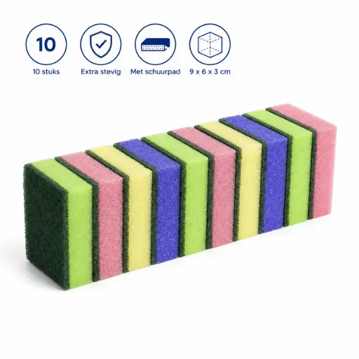 Gekleurde Schuursponzen – Set van 10 Stuks – 9 x 6 x 3 cm – Extra Stevig – Met Schuurpad – Voor Keuken en Schoonmaak