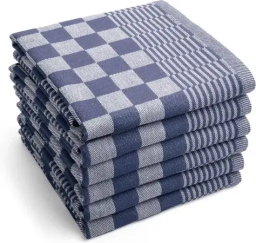[NM120170] Theedoek Blauw/Wit Blok 100% katoen  65x65cm JA Per Zakje 6 Stuks 