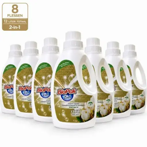 [BP150060] BioPak 2-in-1 Vloeibaar Wasmiddel & Wasverzachter Oud Night – 8 x 1,5 Liter – 12 Liter Totaal – Voor Gekleurde Was – Tot 240 Wasbeurten