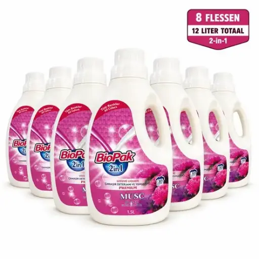 BioPak 2-in-1 Vloeibaar Wasmiddel & Wasverzachter Musc – 8 x 1,5 Liter – 12 Liter Totaal – Voor Gekleurde Was – Tot 240 Wasbeurten