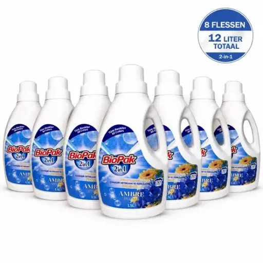[BP150059] BioPak 2-in-1 Vloeibaar Wasmiddel & Wasverzachter Ambre Intense – 8 x 1,5 Liter – 12 Liter Totaal – Voor Gekleurde Was – Tot 240 Wasbeurten