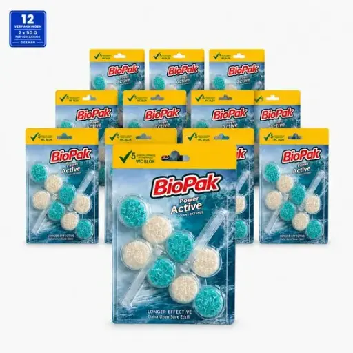 [BP150058] BioPak Power Active WC Blok Oceaan – Toiletblok met Frisse Oceaangeur – 12 Verpakkingen van 2 x 50 g – Toiletverfrisser voor de Toiletrand – 24 WC-Blokken