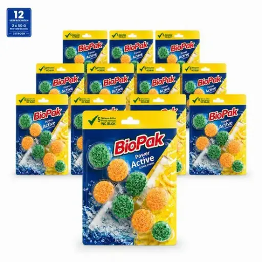 BioPak Power Active WC Blok Citroen – Toiletblok met Frisse Citroengeur – 12 Verpakkingen van 2 x 50 g – 24 WC-Blokken – Toiletverfrisser voor de Toiletrand