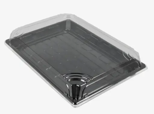 [TA120168] Sushi Trays met Transparante Deksel – 200 Sets – 256 x 185 x 20 mm – Zwarte PET Schalen voor Sushi, Sashimi en Takeaway