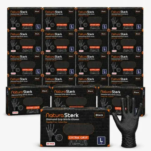 NaturaSterk Handschoenen Diamond Grip Nitril Handschoenen Zwart Large/8 – 8 Gram – Extra Grip – Poedervrij & Latexvrij – 20 Dozen – 1000 Stuks