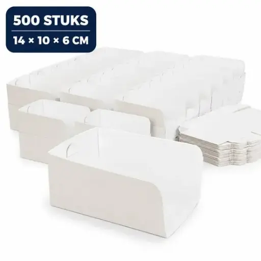 [CC00176] Zakschuivers 0,5 Pond – 500 Stuks – 14 x 10 x 6 cm – Witte Kartonnen Inschuifkartons voor Broodjes, Gebak en Snacks – Voedselveilig, Plasticvrij en Biologisch Afbreekbaar