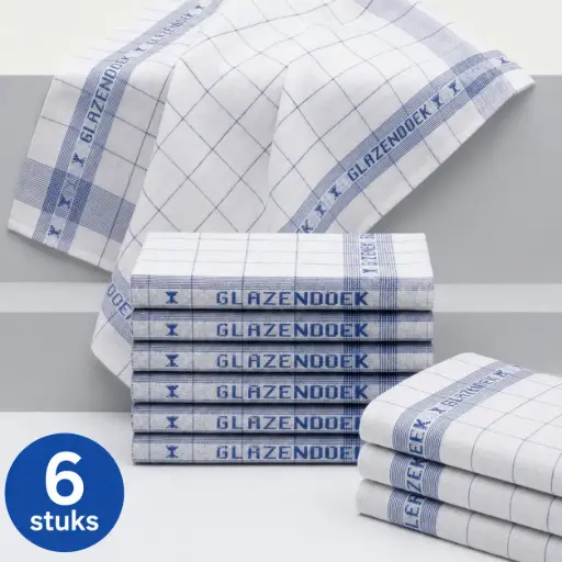 [HRC00052] Horeca Glazendoeken – Per Zakje 6 Stuks – 65x65 cm – Blauw Geruit – 45% Katoen / 55% Ramee-Linnen / 95 gram per stuk (225 g/m²)